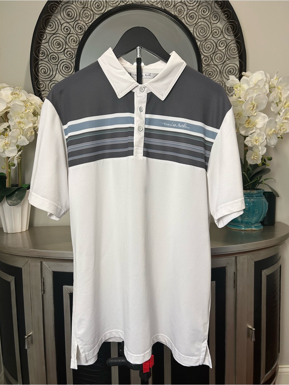 Travis Mathew Men’s White & Gray Striped Polo
